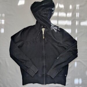 Y2K Hurley Zip Up Hoodie Black Embroidered Mens Large Skate Grunge Thumb Holes